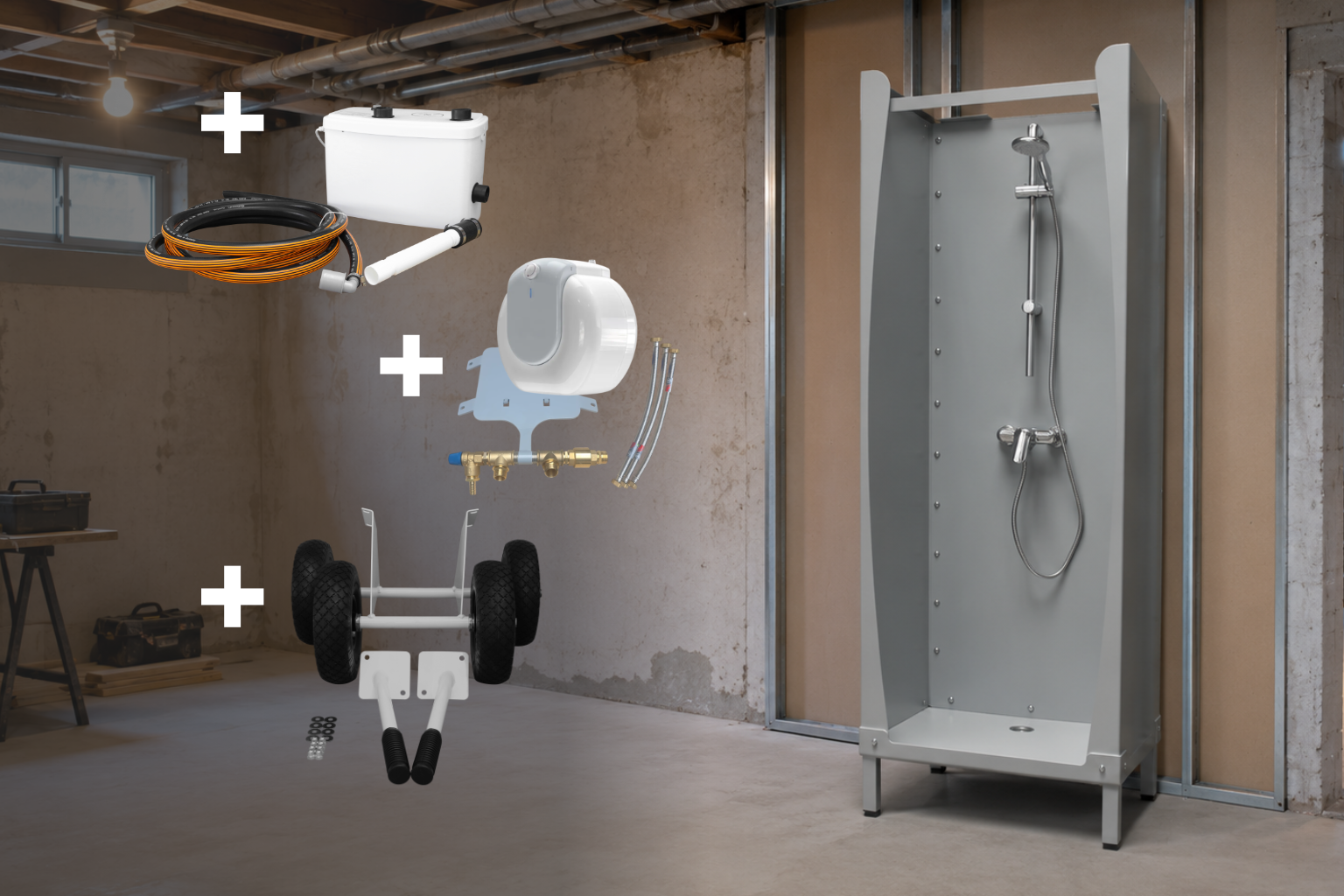 Corner TOP: Die mobile Eckdusche für kleine Räume mit Vollausstattung. Inkl. Hebeanlageset, Boilerset und Transportset.