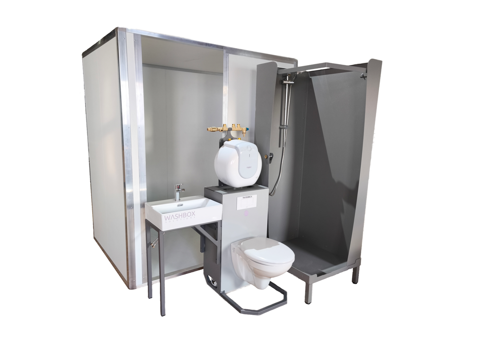 Modulare Komplettlösung für Badumbau. Bathbox mit optionalem Waschbecken mit WC und eigenständiger Dusche. 