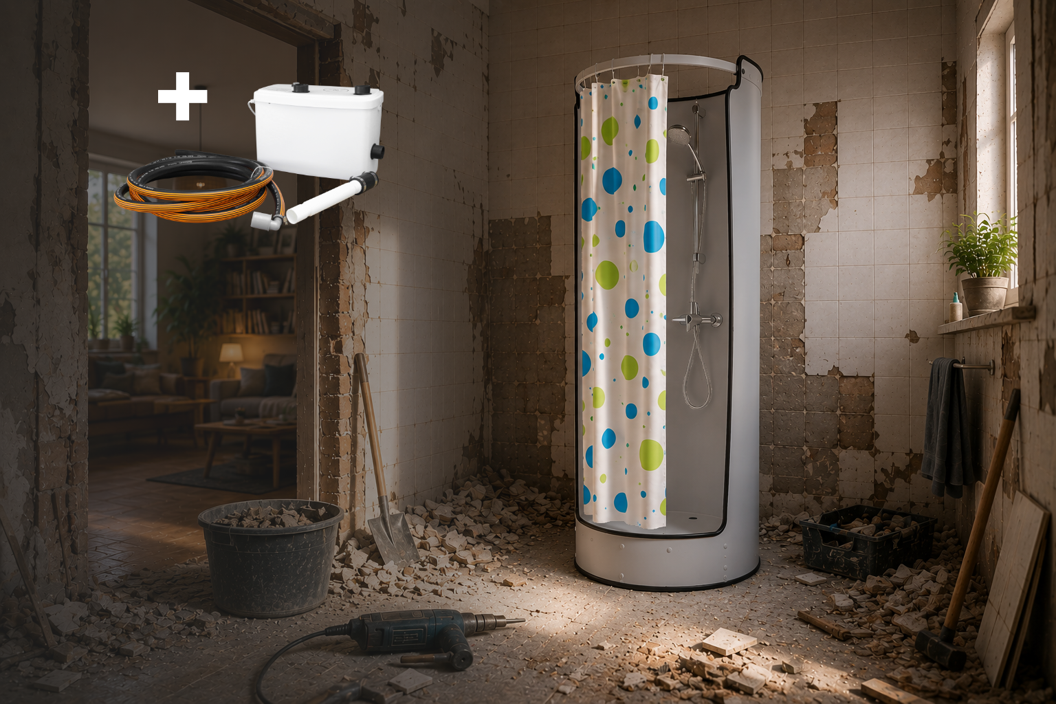 Washbox BASIC für alle, die zu ihrer mobilen Dusche eine Abwasserhebeanlage brauchen.
