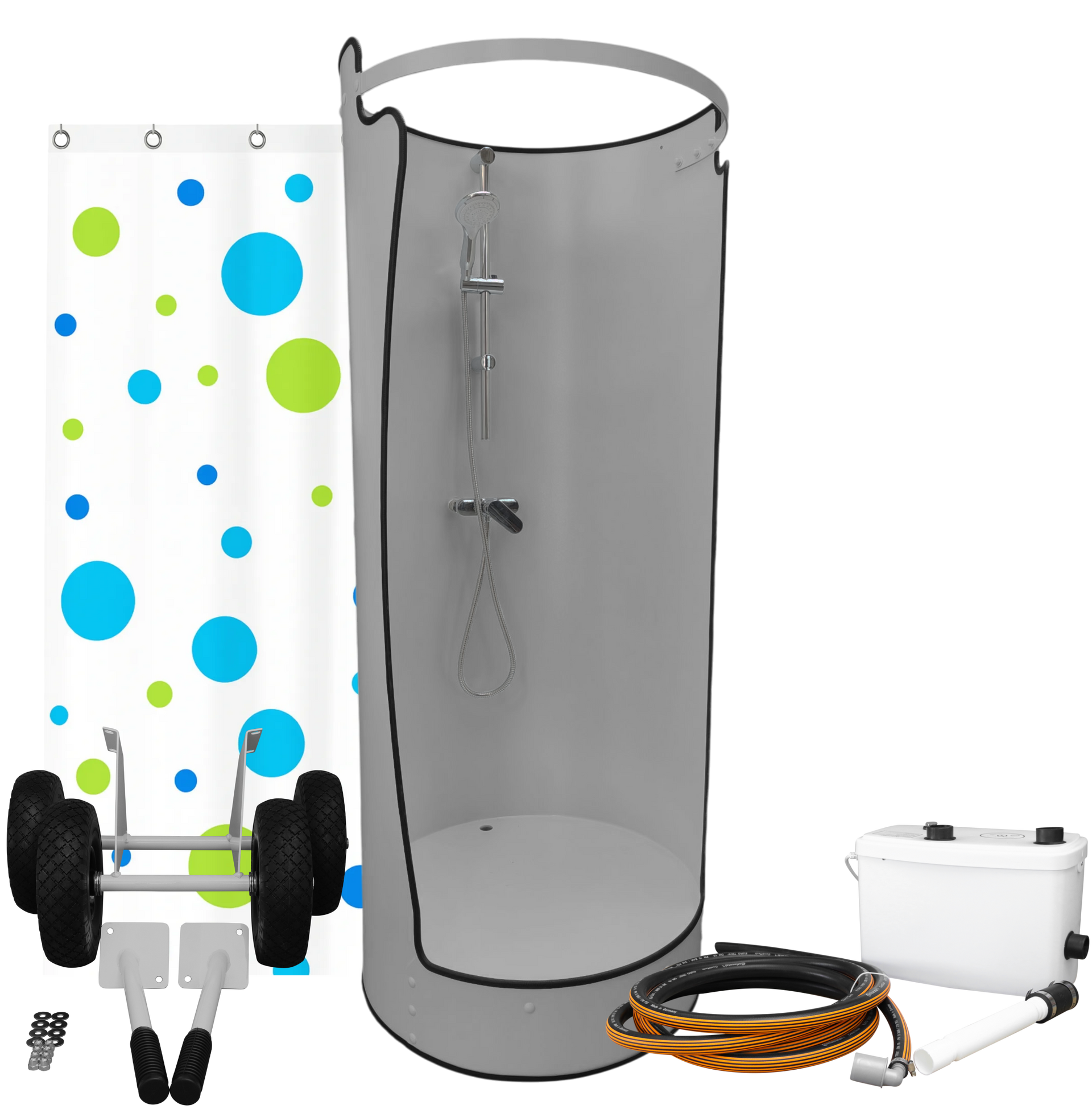 Ausstattung ECO unserer mobilen Dusche Washbox mit Hebeanlage und einem Transportset zum leichten bewegen.