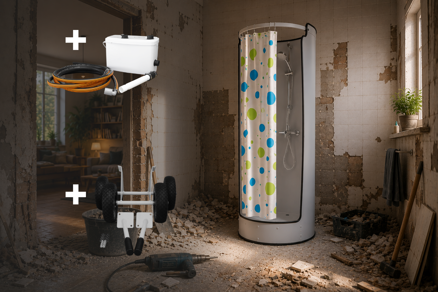 Washbox ECO ist das mobile Dusch-Paket mit Hebeanlage für Abwasser und einem Transportset.