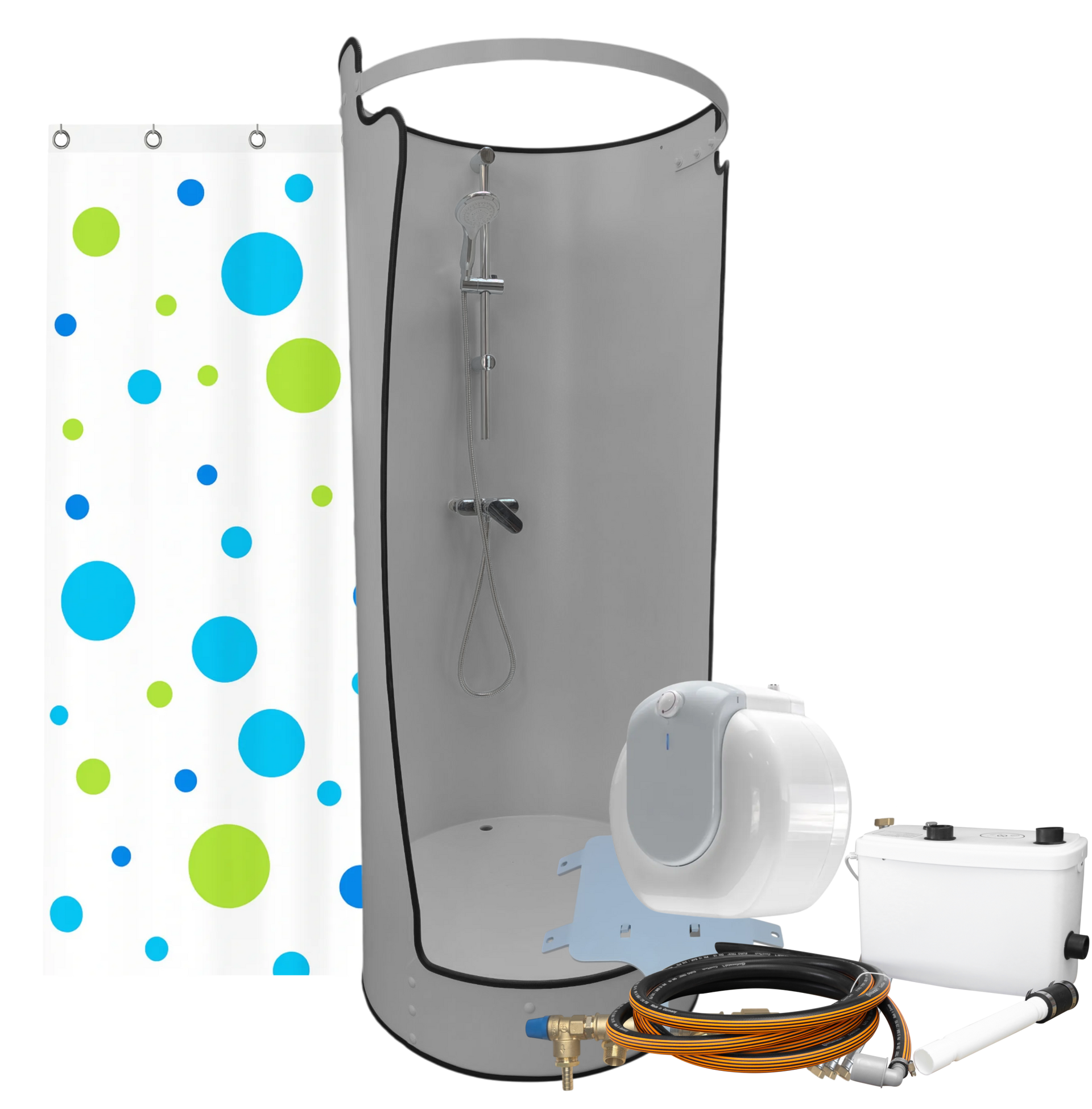 Unsere mobile Dusche Washbox im Paket FIX mit einem Boilerset mit 15 Liter Volumen.