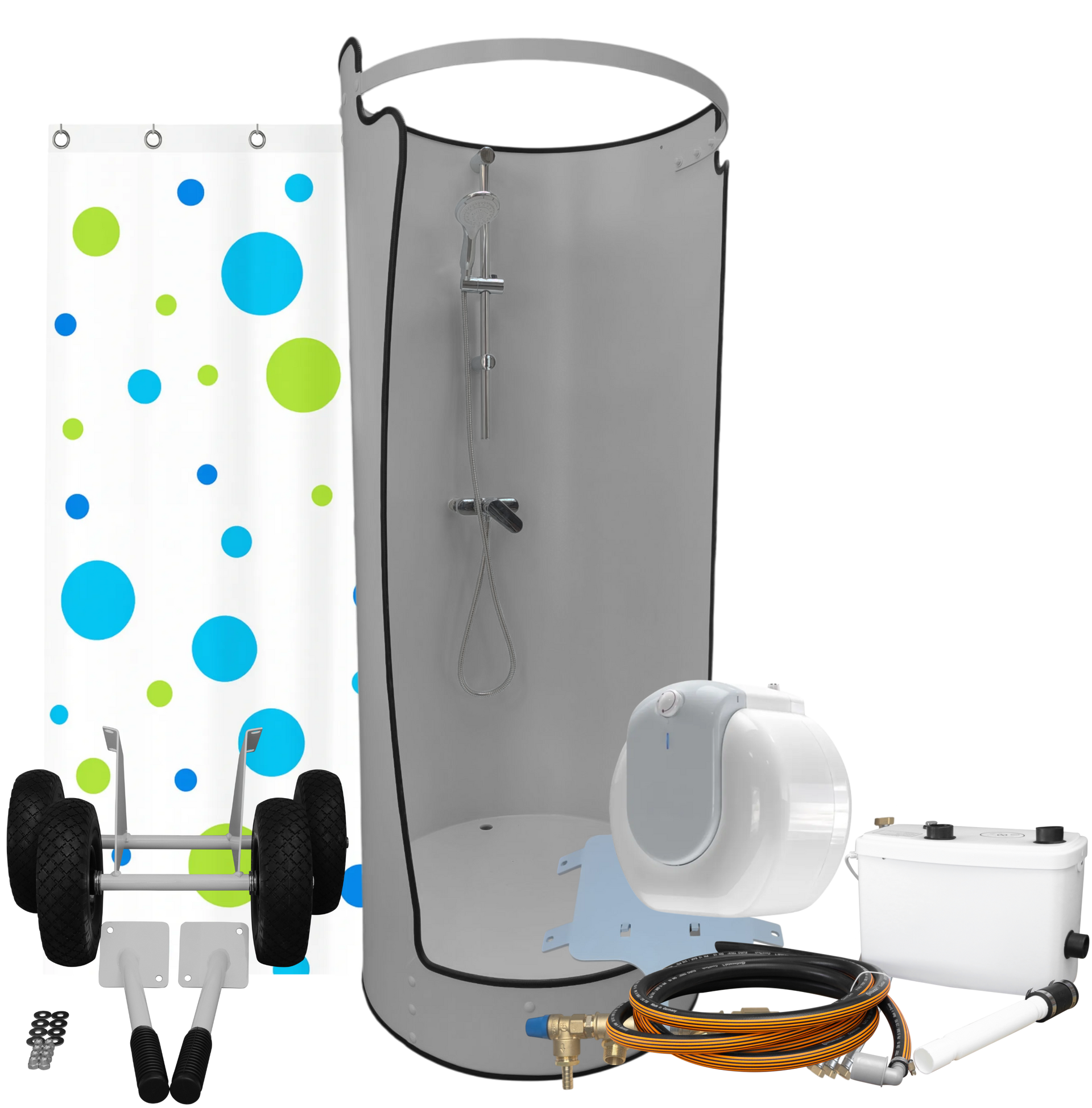 Washbox TOP als Ausstattungspaket mit allem optionalen Zubehör: Hebeanlageset, Boilerset und Transportset.
