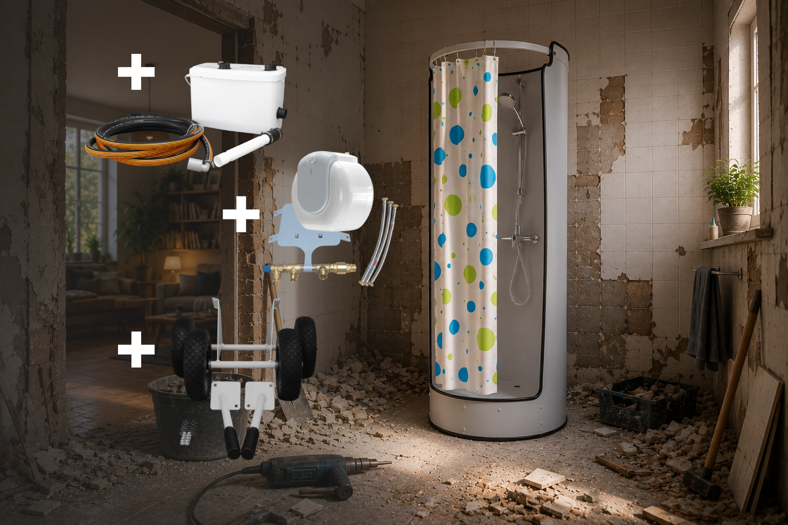Washbox TOP ist die mobile Dusche im Komplettpaket: mit Hebeanlageset, Boilerset und einem Transportset.