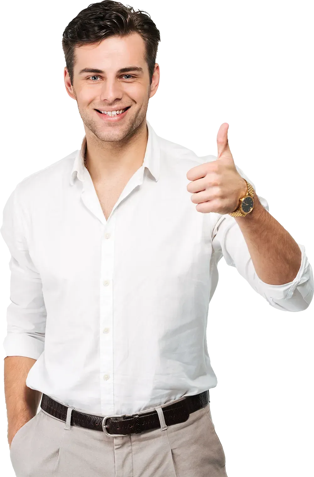 A man in a white shirt and khaki pants is giving a thumbs up.