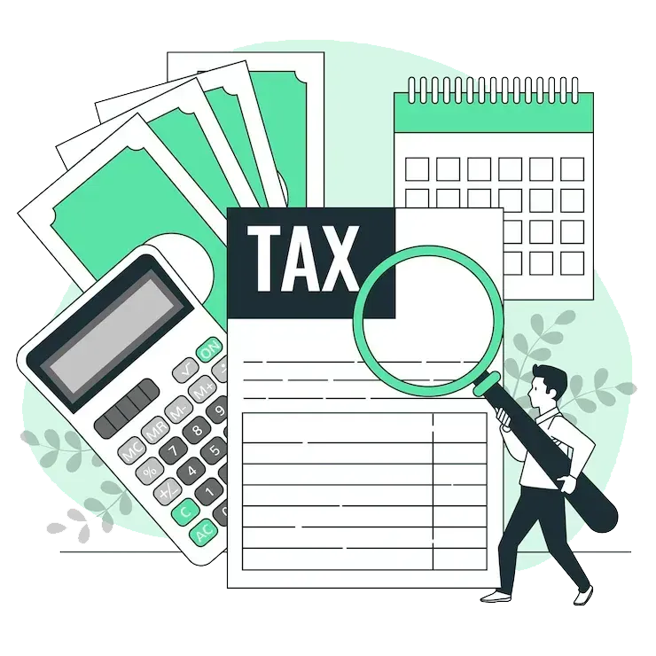 A man is holding a magnifying glass in front of a tax form.