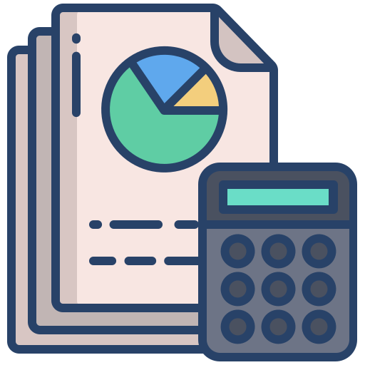 A calculator is sitting next to a stack of papers with a pie chart on them.
