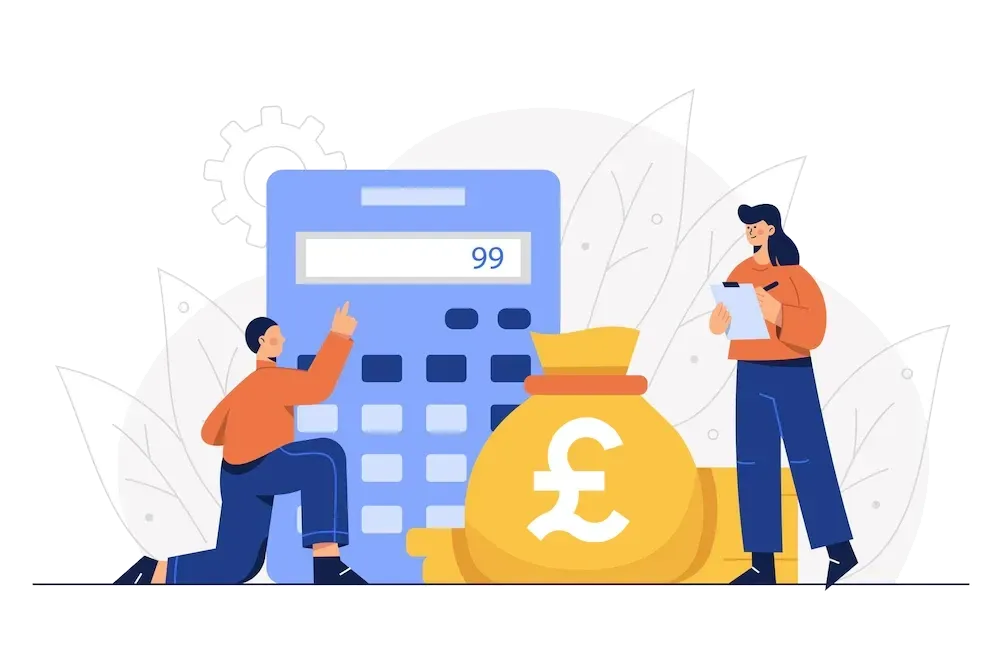 A man and a woman are standing next to a bag of money and a calculator.