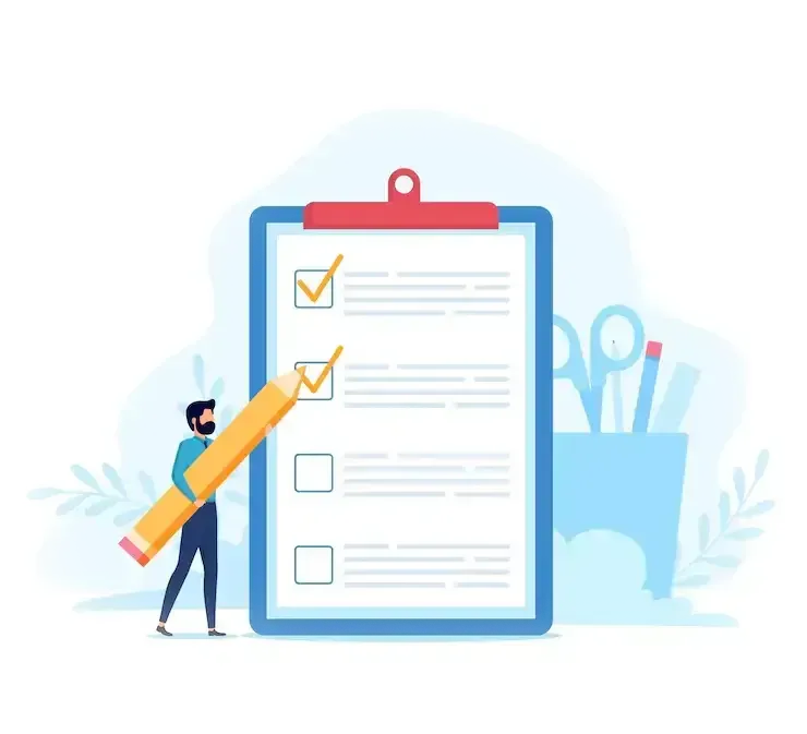 A man is holding a pencil in front of a clipboard with a checklist on it.