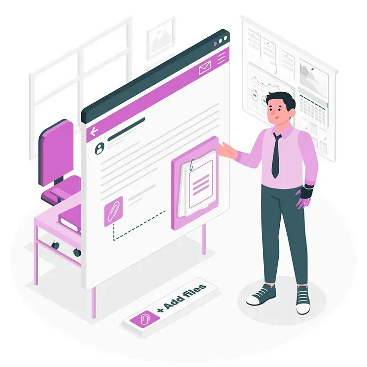 An isometric illustration of a man standing in front of a computer screen.