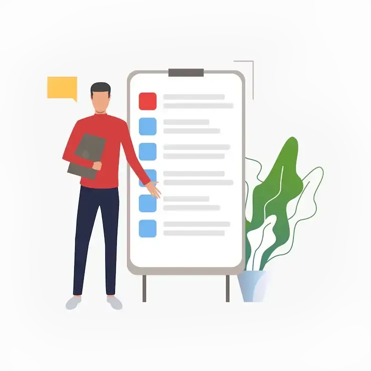 A man is standing next to a whiteboard with a checklist on it.