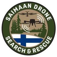 Logo: Saimaan Drone Search & Rescue, drone over Finnish landscape, flag included.