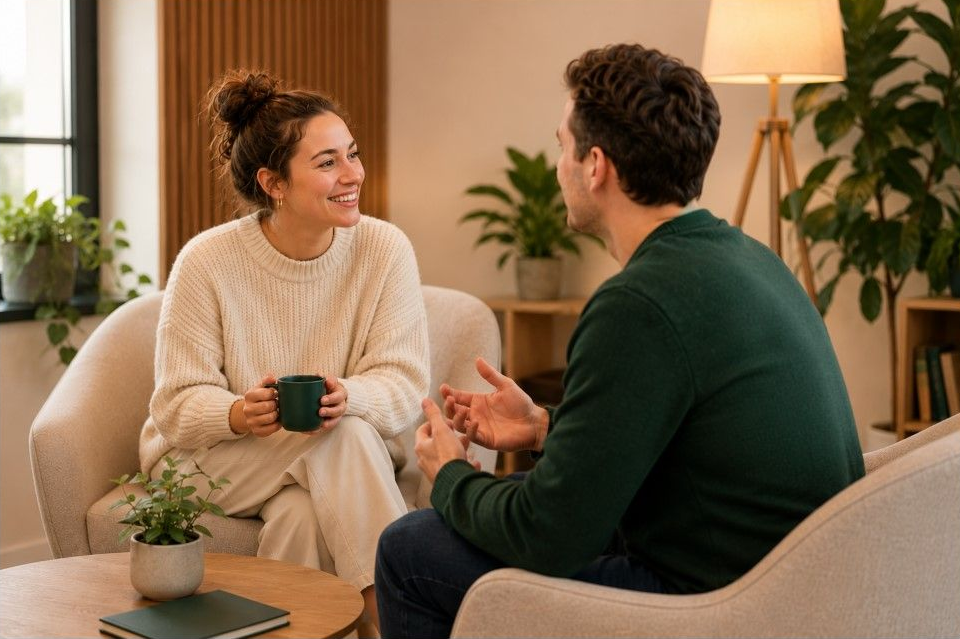 Twee mensen zitten gezellig te praten in een knusse woonkamer; een van hen houdt een mok vast bij een warme lamp en planten.