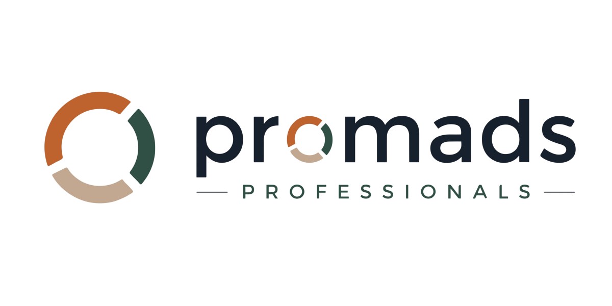 Het logo van Promads Professionals bestaat uit een oranje en grijs cirkelvormig pictogram met zwarte tekst.