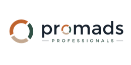 Het logo van Promads Professionals bestaat uit een oranje en grijs cirkelvormig pictogram met zwarte tekst.