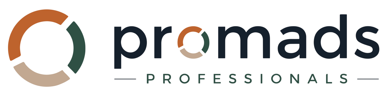 Promads Professionals-logo met een oranje, turquoise en grijze cirkelvormige icoon en tekst in kleine letters.