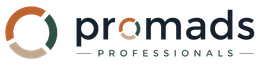 Promads Professionals-logo met een oranje, turquoise en grijze cirkelvormige icoon en tekst in kleine letters.