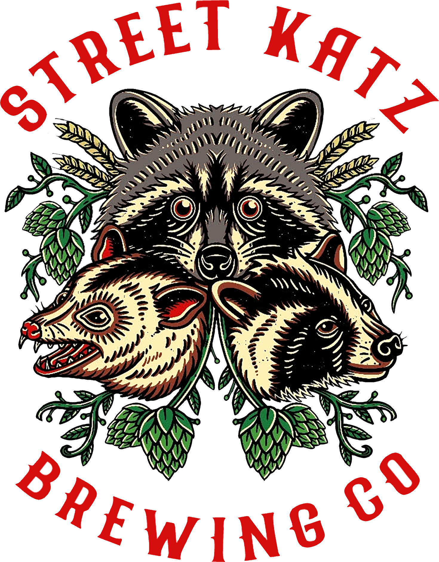The logo for street katz brewing co. shows a raccoon holding two bears ' heads.