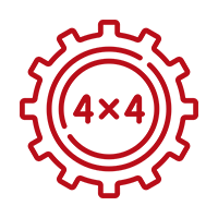 Red gear icon with “4x4” in the center, in red outline on a white background