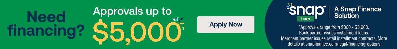 Financial aid banner on green background with “Need financing?” and $5,000 approval, plus SNCP logo and apply now button