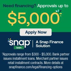Green Snap Finance ad offering approvals up to $5,000 with an “Apply Now” button and logo.