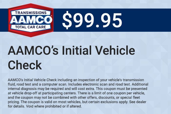 AAMCO ad for initial vehicle check, blue banner with $99.95 price and white text.