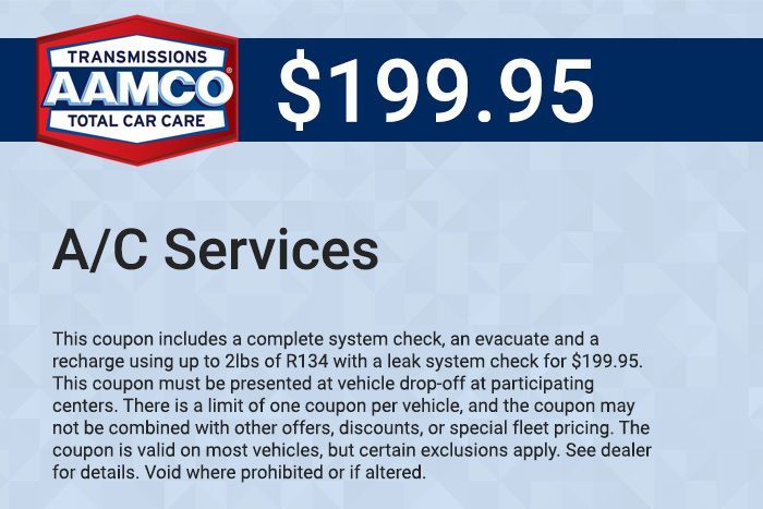 AAMCO A/C services coupon for $199.95, blue and white ad with red logo and fine print