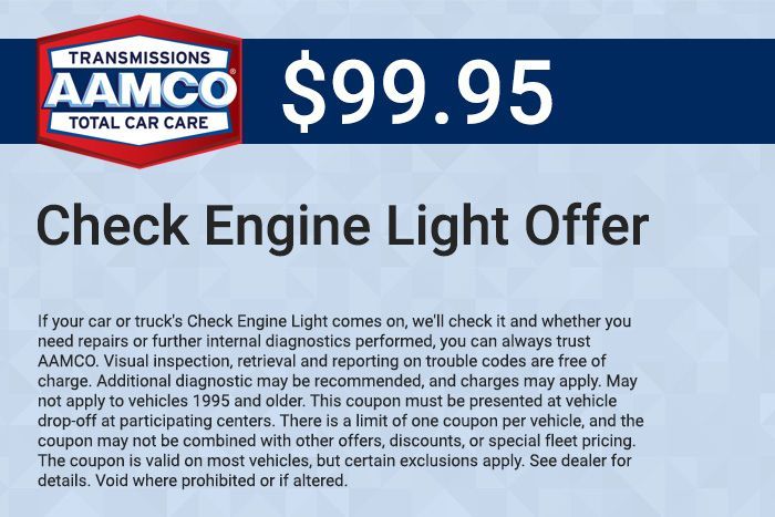 AAMCO Transmission promo: $99.95 Check Engine Light Offer with blue background and small print details