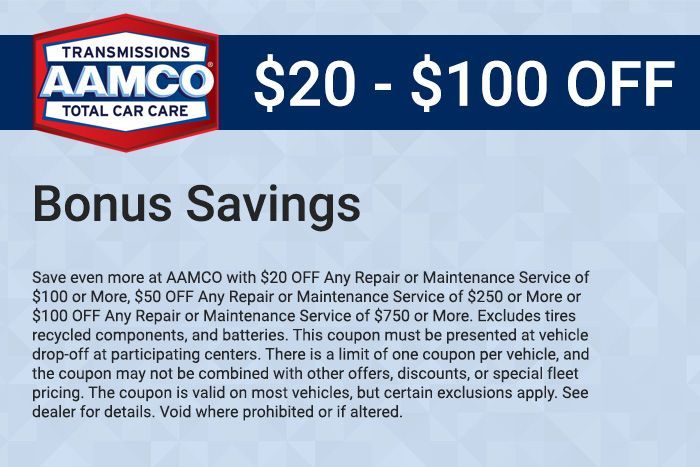 AAMCO bonus savings ad: $20–$100 off on a blue background with logo and small print