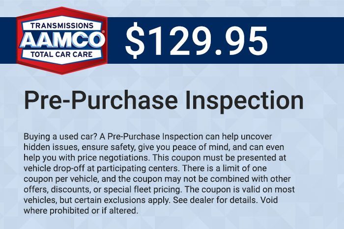 AAMCO Total Car Care pre-purchase inspection ad, blue banner with $129.95 price and fine print details
