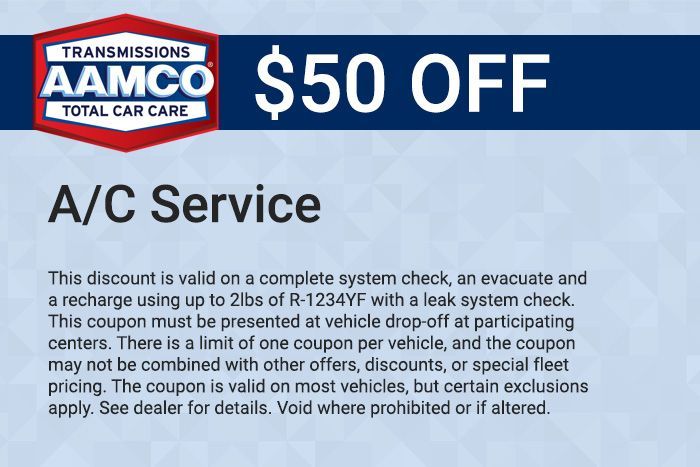 AAMCO $50 off A/C service coupon with blue header and white text
