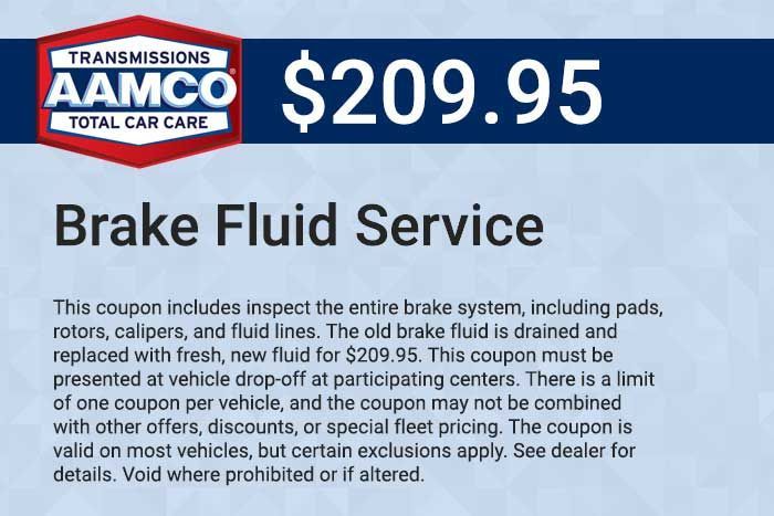 AAMCO brake fluid service coupon for $209.95 with blue and white text