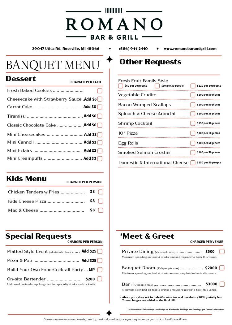 Menu for Romano Bar & Grill: Event Packages, including Basic, Premium, and Platted options.