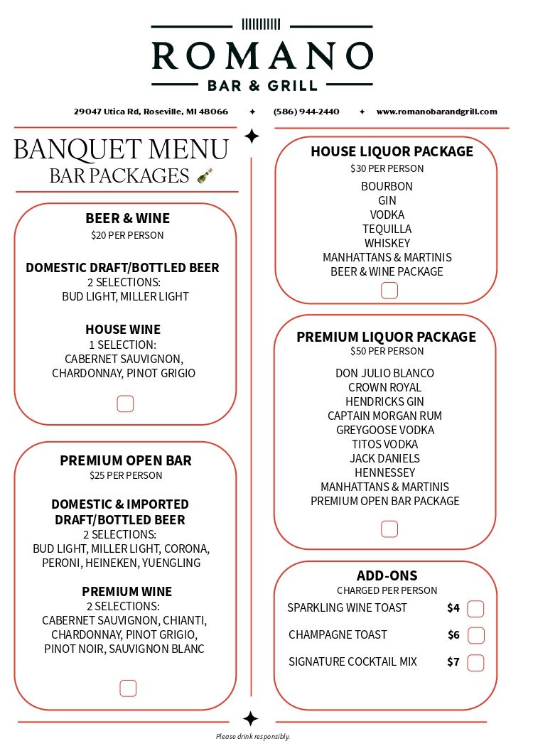 Menu for Romano Bar & Grill: Event Packages, including Basic, Premium, and Platted options.