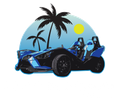 A blue slingshot with palm trees in the background