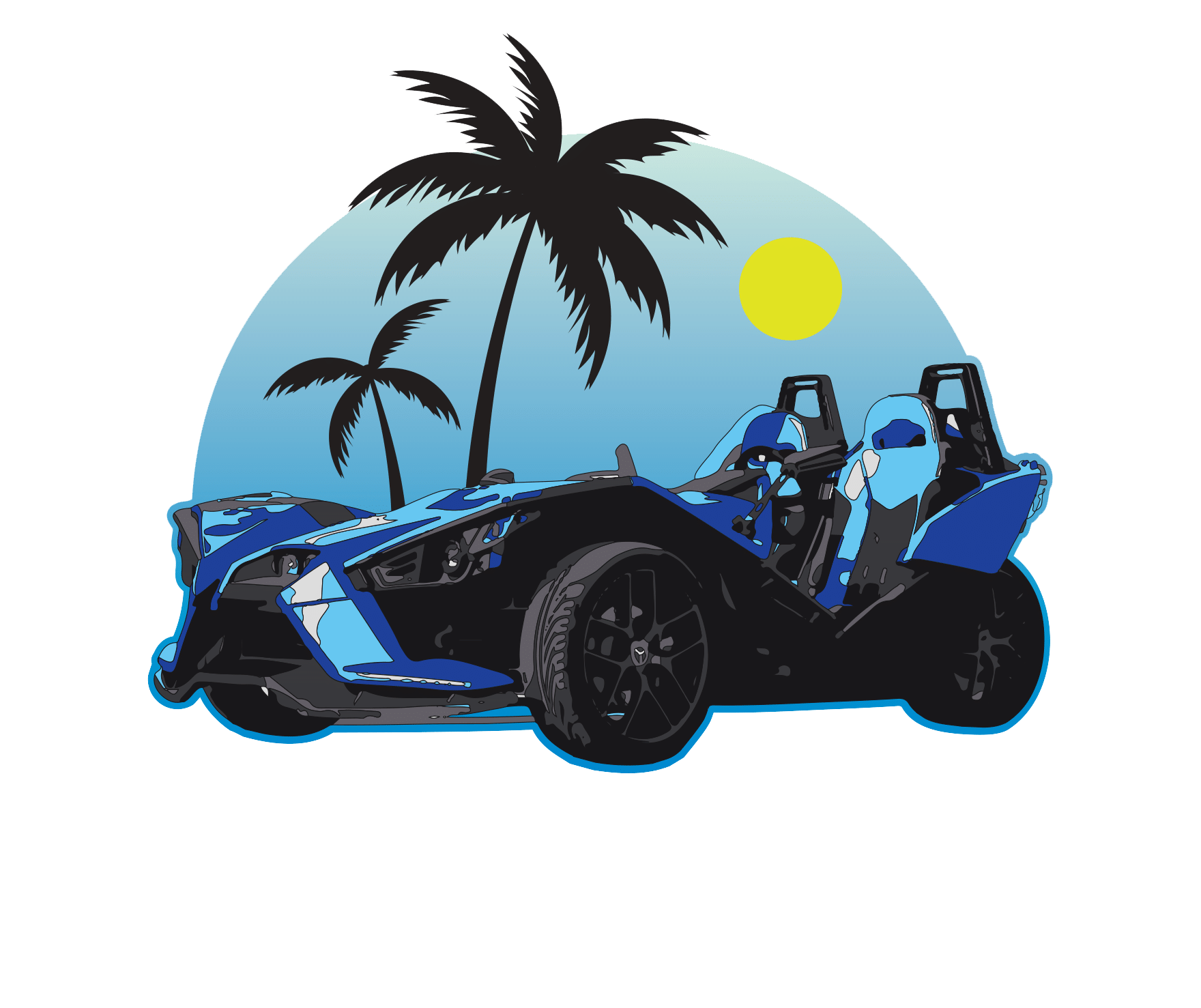 A blue slingshot with palm trees in the background
