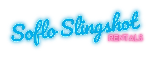 The logo for soffo slingshot rentals is blue and pink.
