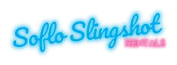 The logo for soffo slingshot rentals is blue and pink.