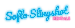 The logo for soffo slingshot rentals is blue and pink.