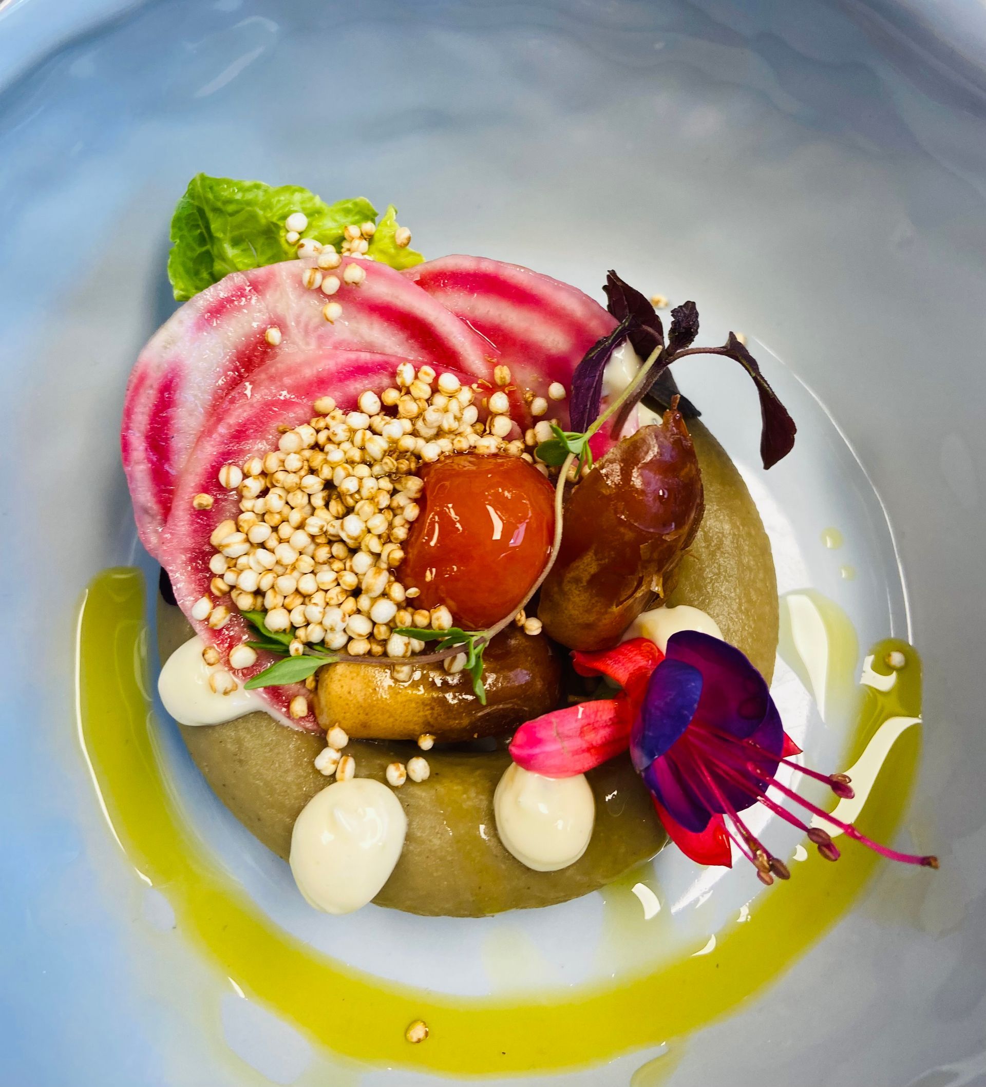 paddenstoelen bavarois met chioggia biet en gepofte quinoa