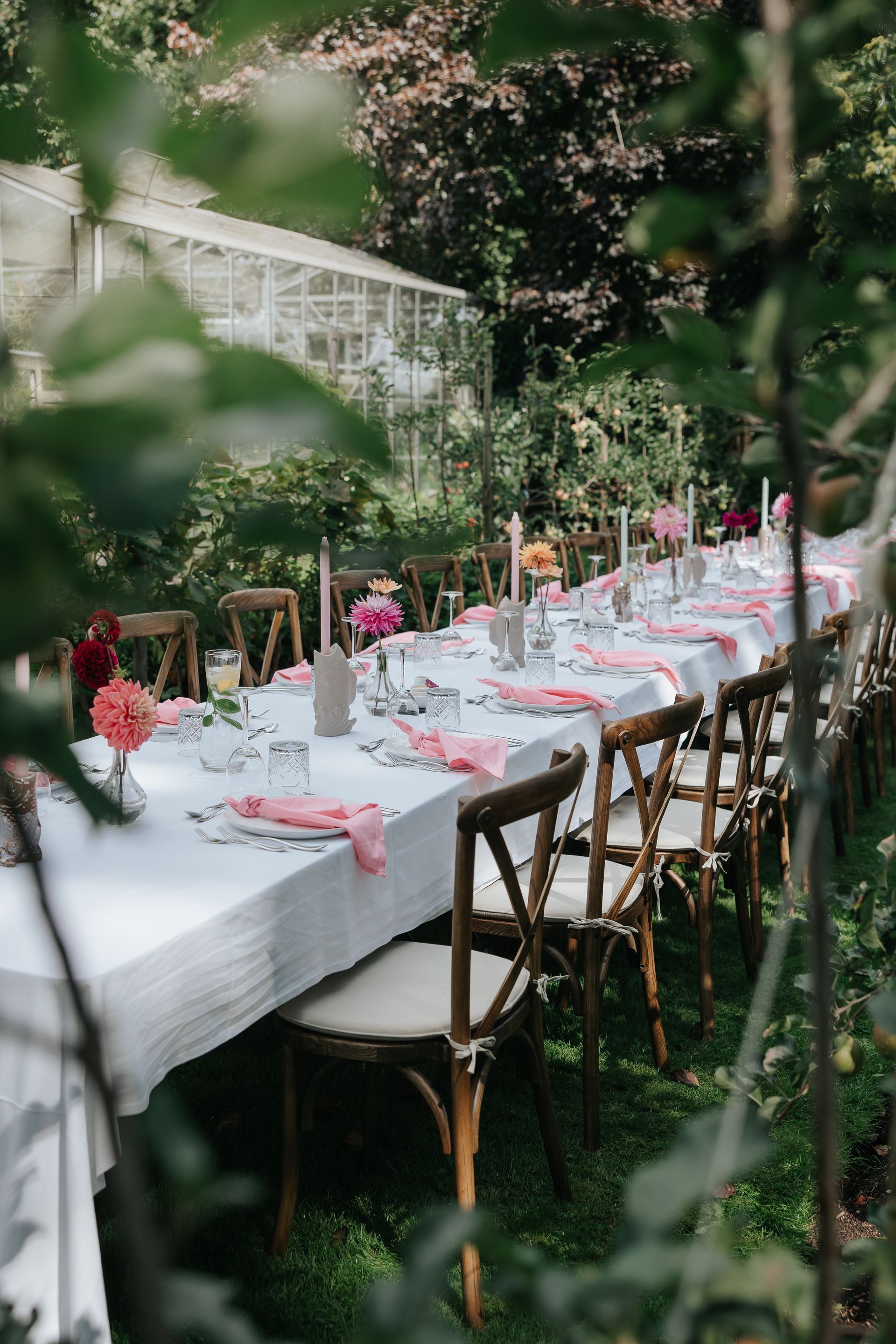 diner in tuin met houten stoelen en wit gedekte tafel en witte vorden en rose servetten