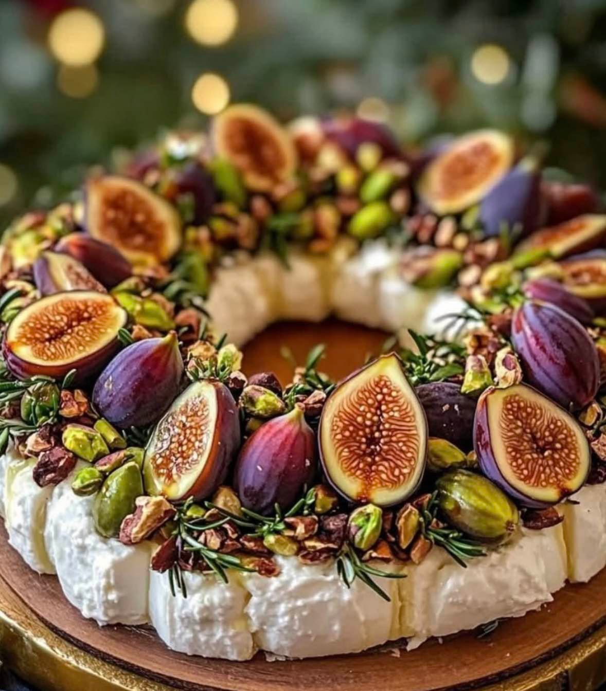 Krans van verse vijgen, pistache en rozemarijn rond romige burrata met honing