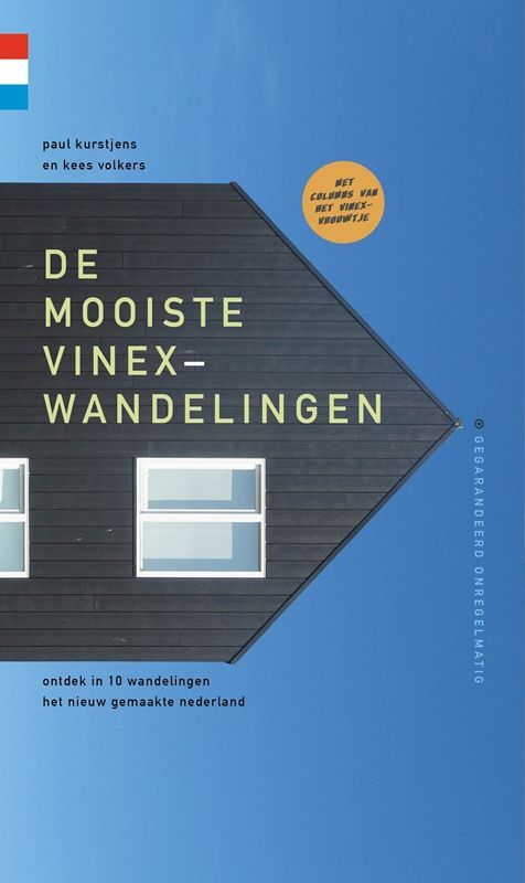 Boekcover: "De Mooiste Vinex-Wandelingen" met een zwart huis op een blauwe achtergrond.