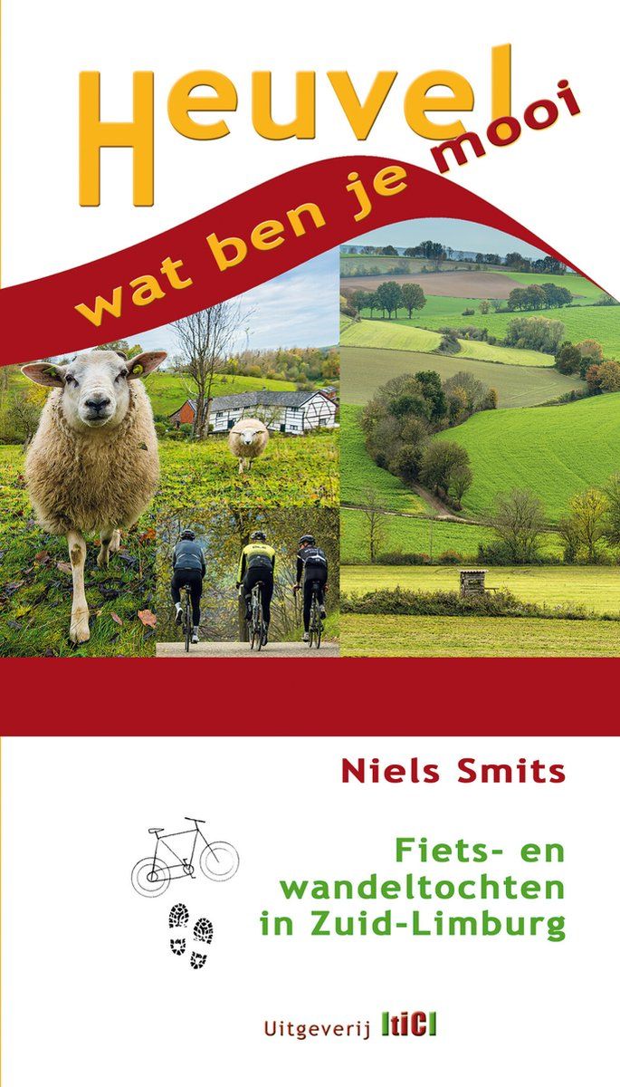 Boekcover met schapen, fietsers en landschappen ter promotie van fiets- en wandeltochten in Zuid-Limburg.