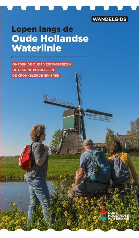People looking at a windmill next to a canal. Book cover titled