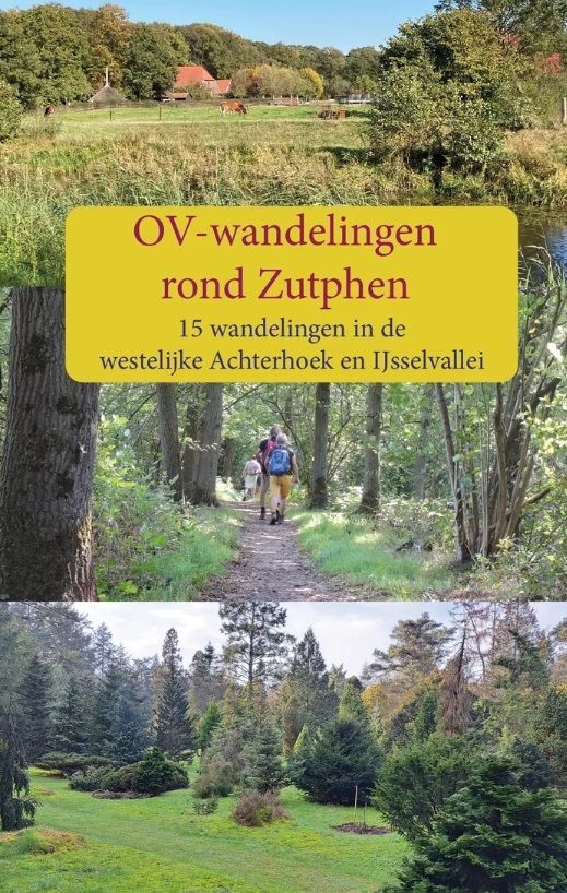 Cover of a travel guide featuring outdoor scenes and text "OV-wandelingen rond Zutphen."