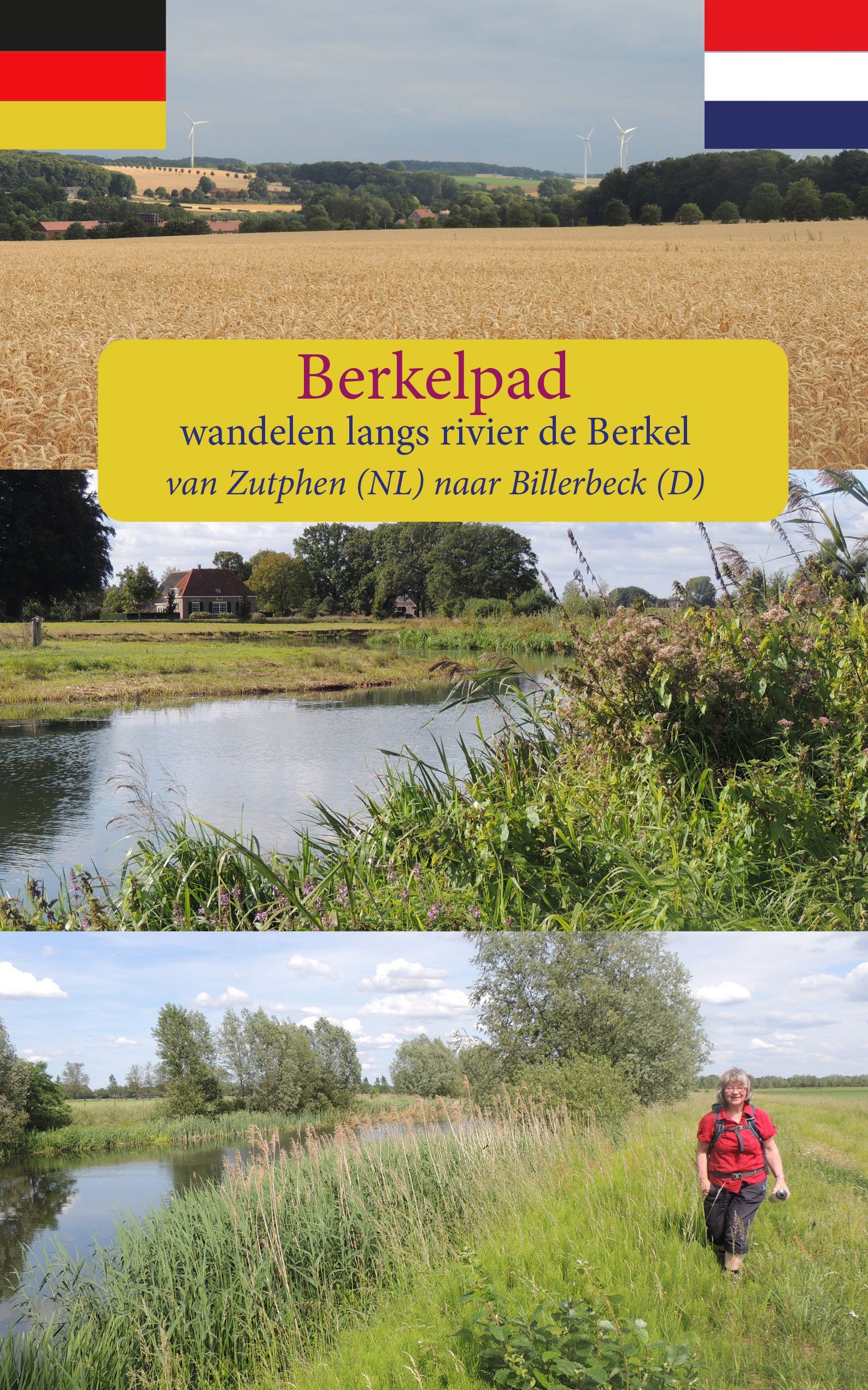 Promotieposter voor de Berkelpad-wandelroute in Nederland en Duitsland, met uitzicht op de rivier en een wandelaar.