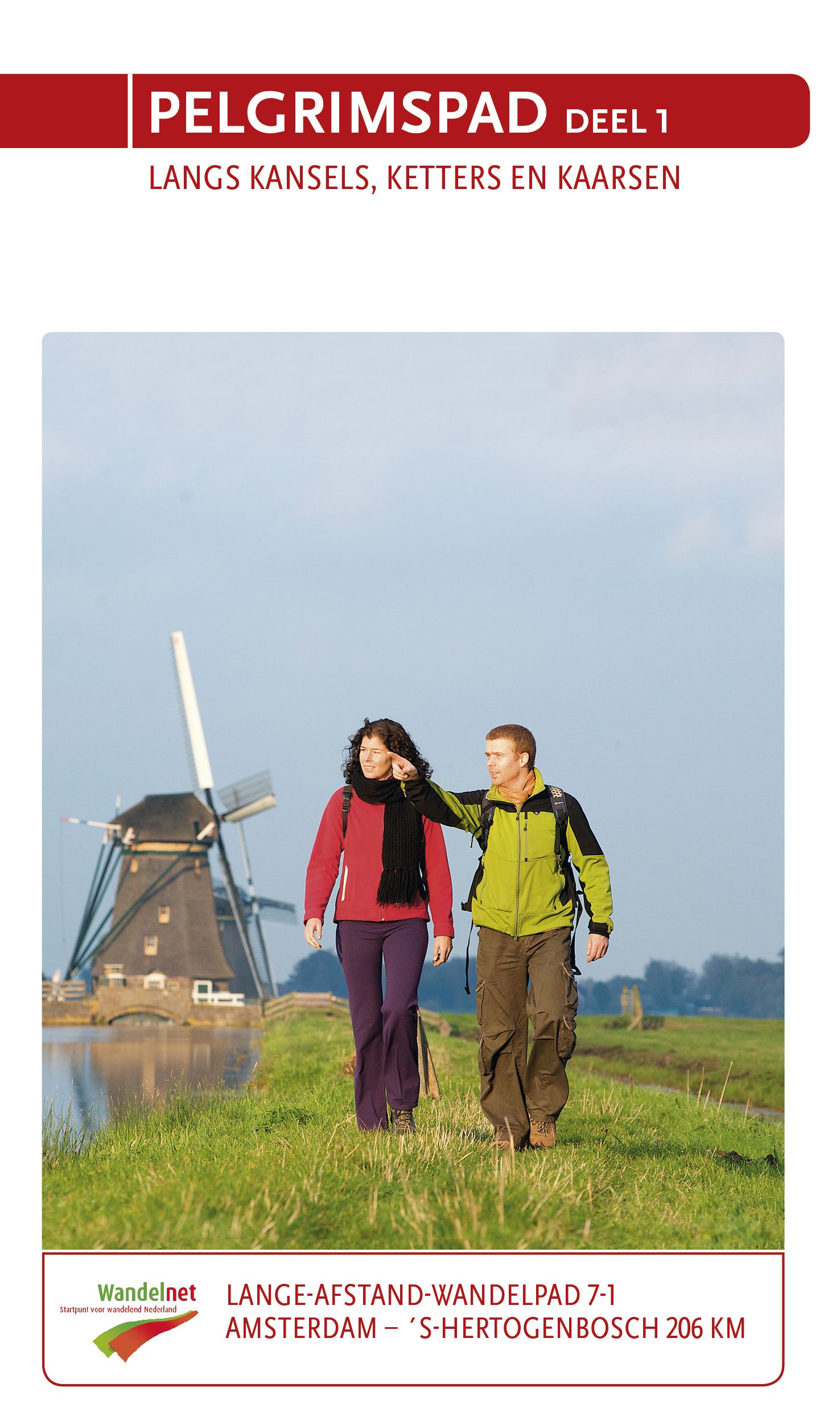 Omslag van een reisgids: twee mensen die over een pad bij een windmolen lopen.