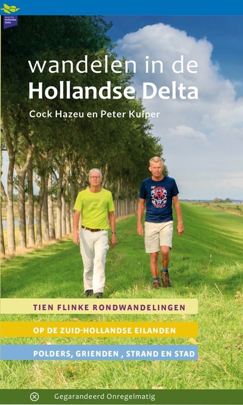 Twee mannen lopen over een groen pad, boekomslag "Hollandse Delta" met tekst.