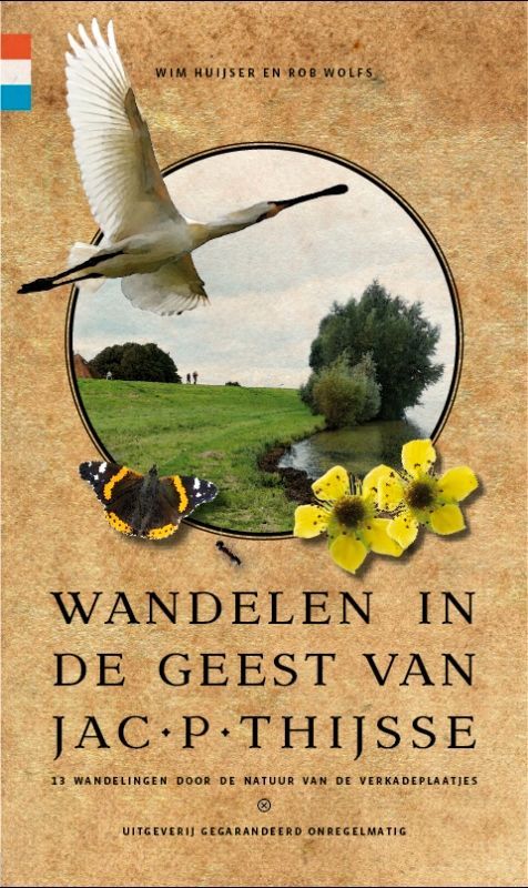 Boekcover: een vogel, een landschap, een vlinder en gele bloemen in een cirkel, met Nederlandse tekst.
